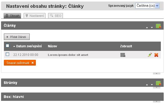 2. Struktura stránek 2.3 Editace stránky 1 2 3 4 5 6 7 1) Aktuální záložka pro editaci obsahu stránky. 2) Změna základních nastavení stránky jako jsou název, či přiřazené moduly.