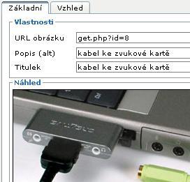 4. Základní modul Stránky 3. Po vybrání fotky se do URL obrázku vloží odkaz na její identifikační číslo. Můžete dopsat Popisek a Titulek, které se poté uživateli zobrazí, pokud na obrázek najede myší.