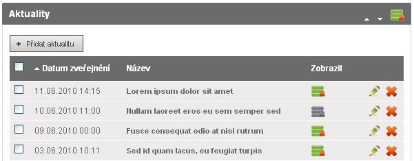 5. Aktuality 5 Aktuality Modul Aktuality umožňuje vkládat novinky/aktuality a tyto zobrazovat na vybraných místech (nejčastěji na úvodní stránce) s datem vložení a odkazem na detail aktuality.
