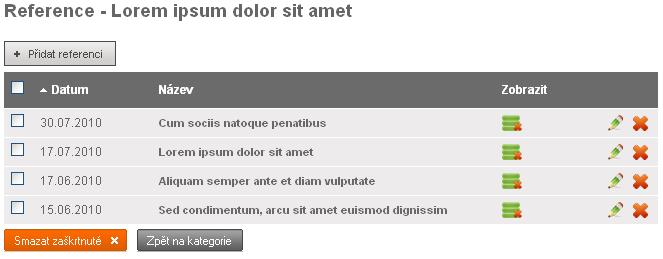 6. Reference 6.2 Správa referencí 6.2.1 Seznam referencí Seznam referencí se zobrazí po vybrání kategorie, nebo okamžitě po načtení stránky s modulem Reference, pokud jsou kategorie deaktivované.