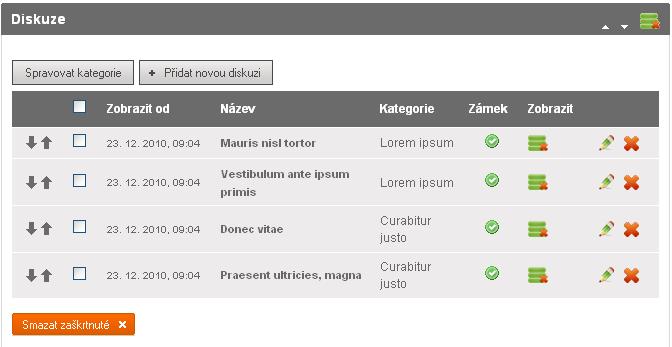 14. Diskuze 14 Diskuze Tento modul umožňuje vytvářet diskuzní fóra, do kterých následně můžou přispívat návštěvníci vašeho webu. Jednotlivá fóra se rozdělují do vámi vytvořených kategorií.