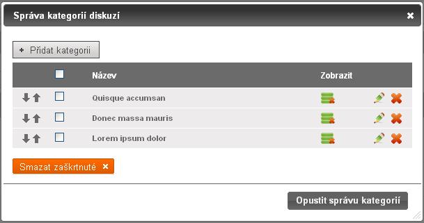 14. Diskuze 8) Změna pořadí diskuze (změna v pořadí se projeví i na webu) 9) Zaškrtnuté diskuze včetně jejich příspěvků lze hromadně vymazat kliknutím na 14.