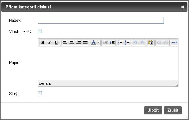 14. Diskuze 14.2.2 Vložení nové kategorie 1 2 3 1) Změna url a hlavičky webu (pouze pro pokročilé) 2) Stručný popis kategorie se na webu zobrazí ve výpisu kategorií i v detailu kategorie.