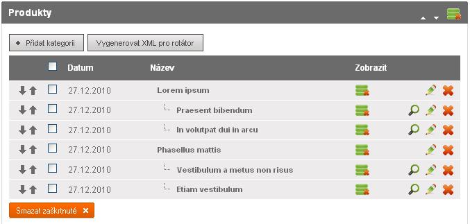 19. Produkty 19.1.1 Seznam kategorií 1 2 3 4 5 9 6 10 7 8 1) Vložení nové kategorie 2) Vygeneruje aktualizovaný řídící soubor pro flashovou animaci, která se běžně zobrazuje na úvodní stránce.