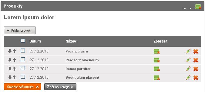 19. Produkty 19.2 Seznam produktů Seznam produktů se zobrazí po kliknutí na vybranou kategorii ve Správě kategorií.