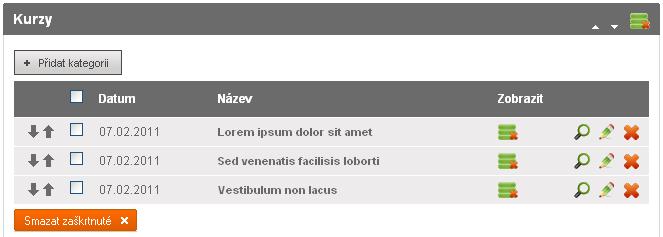 25. Kurzy 25 Kurzy Tento modul umožňuje vkládat na stránky seznam pořádaných kurzů. Ke každému kurzu můžete specifikovat datum, čas a místo konání, počet účastníků a cenu.
