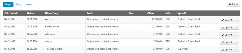 Mimo tlačítka přidat pro založení objednávky a filtrování jsou zde funkce skryté pod šipkou vedle hlavní funkce, která se dokladem předpokládá = editace Opravit objednávku Přidat přílohu objednávky