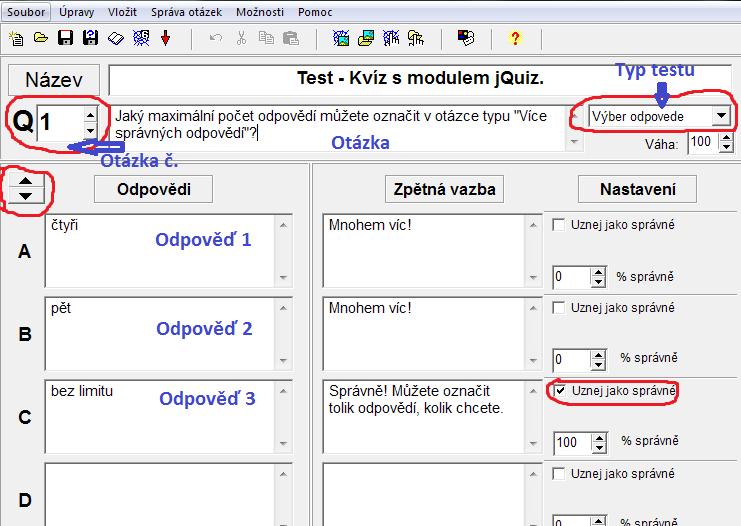 JQuiz Test / Kvíz Tento modul umožňuje tvorbu testů: - Výběr jedné odpovědi z N. - Ano/Ne. - Krátká odpověď. - Hybridní. - Více správných odpovědí.