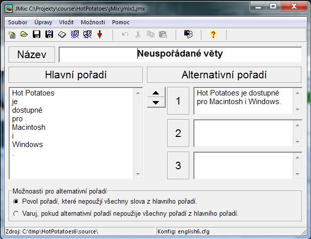 Do dalších políček je možné zapsat alternativy. Ve volbě Možnosti --> Konfigurovat výstup nastavíme potřebné parametry. Parametry jsou ve všech modulech podobné.