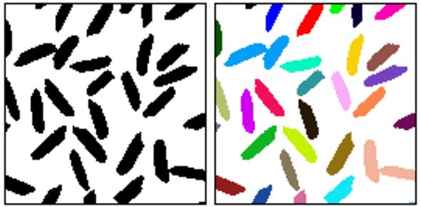 Druhý průchod: projdeme znovu celý obraz po řádcích a přebarvíme obrazové body kolizních barev podle tabulky ekvivalence barev každé oblasti odpovídá označení jedinou, v jiné oblasti se nevyskytující