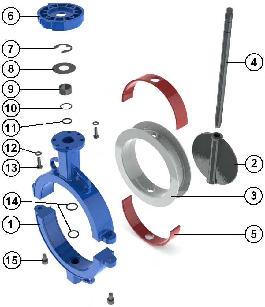 MATERIÁLY: Pozice Název Materiál 1 Tělo Tvárná litina EN GJS-500-7 2 Disk ASTM A351 CF8M 3 Těsnění PTFE 4 Dřík AISI 316 5 Vložka Silikon 6 Kryt Aluminium 7 Pojistné kroužky AISI 316 8