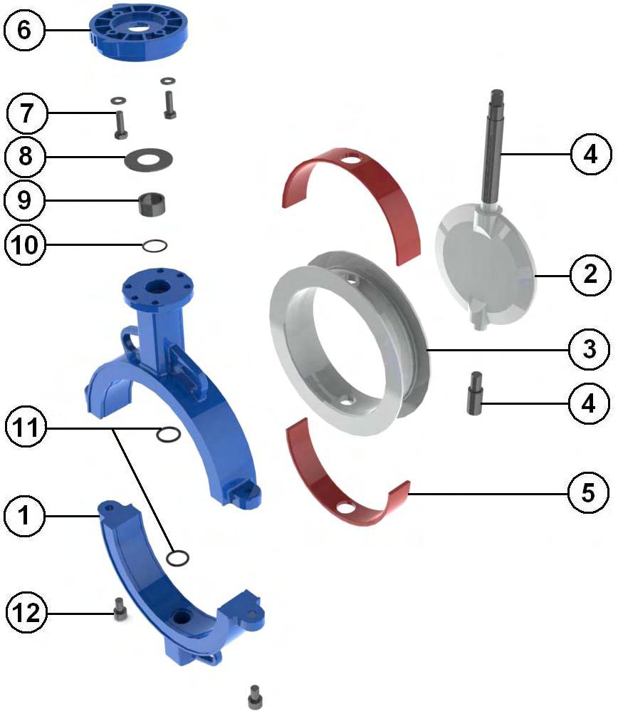 MATERIÁLY: Pozice Název Materiál 1 Tělo Tvárná litina EN GJS-500-7 2 Disk ASTM A351 CF8M obalené PTFE 3 Těsnění PTFE 4 Dřík AISI 316 5 Vložka Silikon 6 Kryt