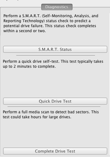 3. Kliknutím na tlačítko Diagnostics (Diagnostika) otevřete dialog Diagnostics: 4. V dialogovém okně Diagnostics (Diagnostika) klikněte na tlačítko testu, který chcete spustit: S.M.A.R.T.