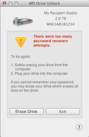 Zobrazí se okno nástroje WD Drive Unlock: 3. Máte k dispozici pět pokusů pro odemčení disku: a. Zadejte heslo do pole Password (Heslo). b.
