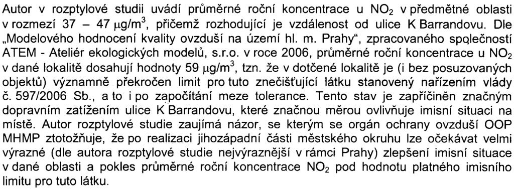 -lg/m3, pøièemž rozhodující je vzdálenost od ulice K Barrandovu. Dle "Modelového hodnocení kvality ovzduší na území hl. m. Prahy", zpracovaného spqleèností A TEM - Ateliér ekologických modelù, s.r.o. v roce 2006, prùmìrné roèní koncentrace u NO2 v dané lokalitì dosahují hodnoty 59!