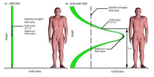 Oddíl 5 Referenční materiály 125 Obrázek D8 Příklady homogenní a nehomogenní expozice: proměnlivost pole se vzdáleností od země pro a) homogenní pole, b) typický dipól.