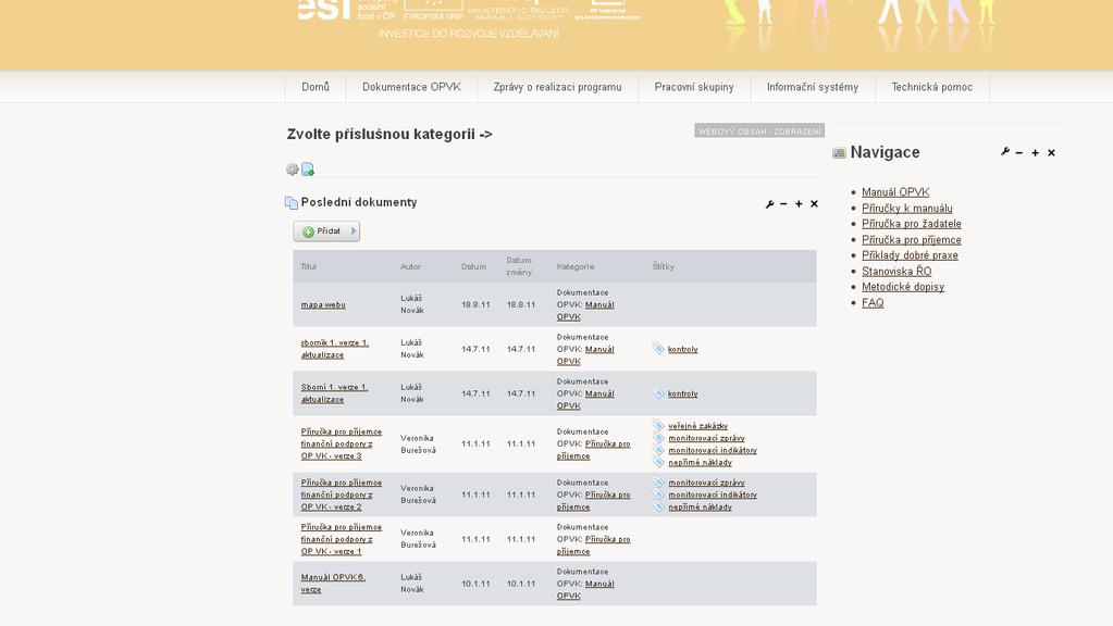 Hlavní panel Domů: Při kliknutí Vás vždy odkáže na domovskou stránku Dokumntace OPVK (Editoři: Mgr. Irena Tauferová, Ing. Veronika Burešová, Mgr. Petr Prášek, Ing.