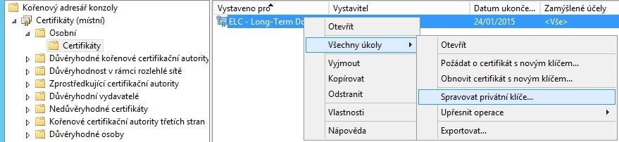 Pro vyšší bezpečnost vašeho privátního klíče můžete takto nastavit přístupová práva: Klikněte na daný certifikát pravým tlačítkem -> Všechny úkoly -> Spravovat privátní klíče -> nastavte práva pro