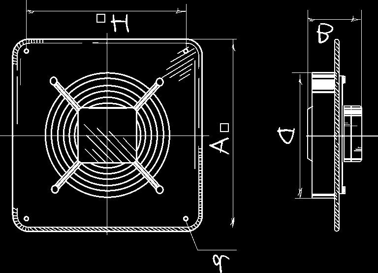 Teleso ventilátora je z oceľového plechu povrchovo upraveného polymérovým náterom. Používa asynchrónny motor s guličkovými ložiskami a tepelnou ochranou vinutia. Krytie motora IP44.