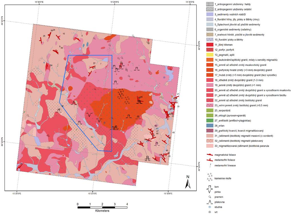 Obr. 5 Výsledná geologická mapa zkompilovaná na základě prací provedených na kurzu geologického mapování Součástí terénních prací byla také identifikace hydrogeologických dokumentačních bodů.