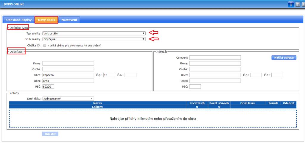 Pomocí záložky Nový dopis provedete samotné odeslání dopisu. V oddíle Definice typu nejprve určíte, zda se bude jednat o vnitrostátní, či mezistátní zásilku a dále zvolíte druh zásilky (např.