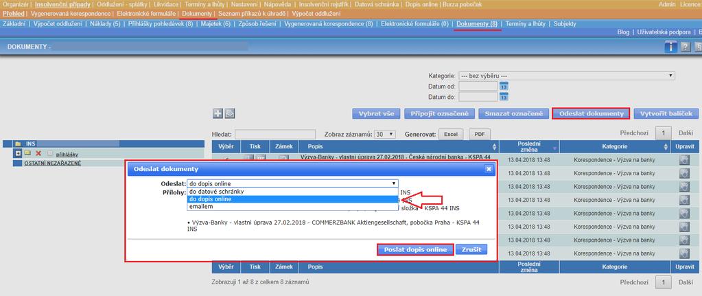 Modul Dopis online také umožňuje odesílat dokumenty vytvořené přímo v systému a to tak, že si v konkrétním insolvenčním případě v záložce Dokumenty nejprve ve sloupci Výběr označíte požadované