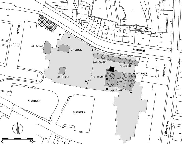 Archaeologia historica 42, 2, 2017, 595 615 Obr. 4. Plochy archeologického výzkumu.