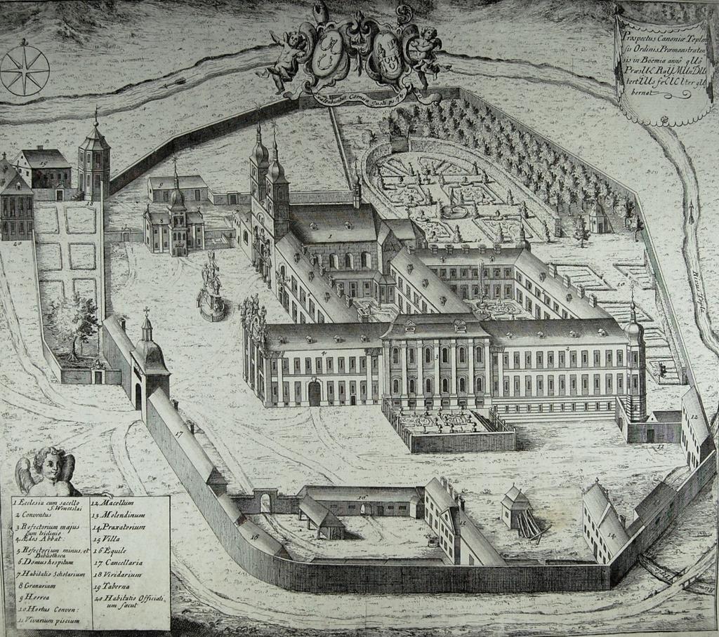 Podívejte se na starou ilustraci z 18. století a zjistěte, které z nabízených míst se dochovalo (i když trochu pozměněné) do dnešní doby. O M P X. Léčivé prameny V 18. stol. v klášteře žil lékař Johann Nehr.