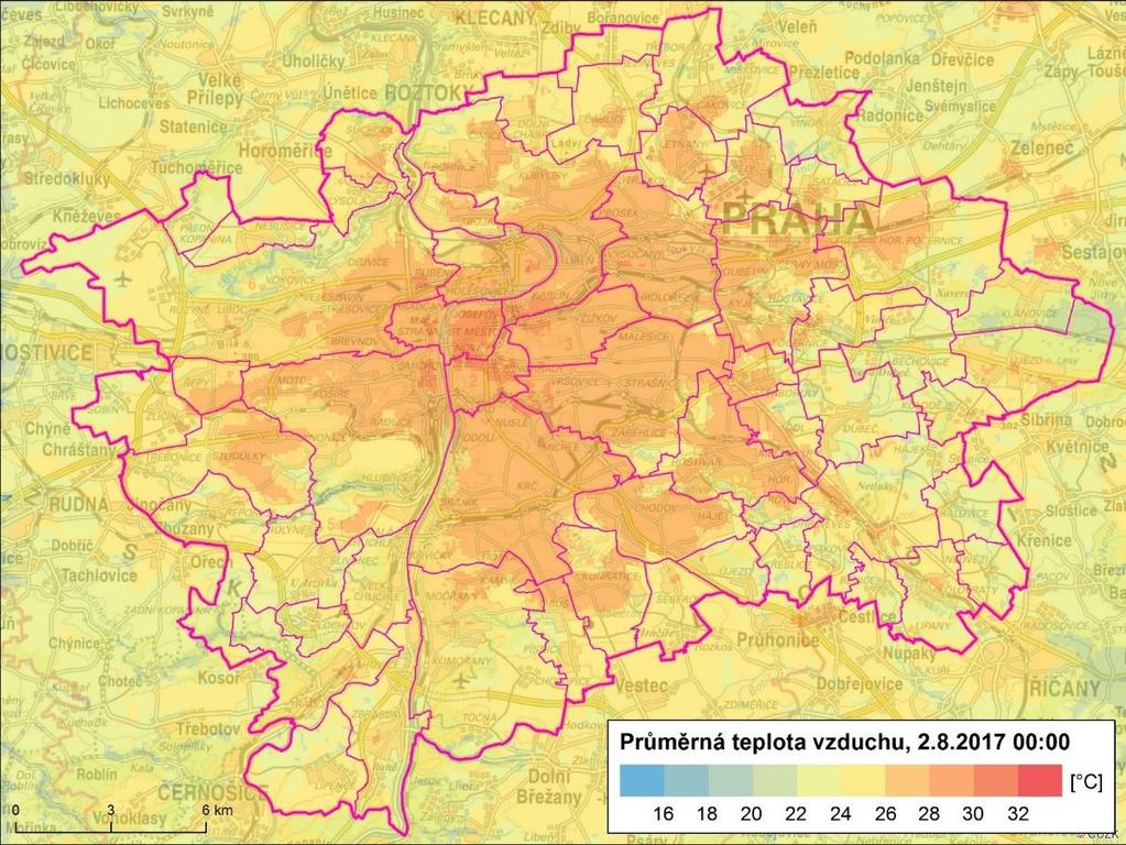 Obrázek 3: Prostorové rozložení teploty vzduchu na území hl.m. Prahy v 16:00 CEST (1.