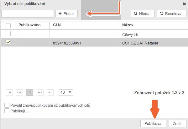 Pro publikaci hierarchie v seznamu položek opět označte položku, která je na nejvyšší úrovni v dané hierarchii (v našem příkladu je to karton s GTINem 8594182500301) a klikněte na tlačítko