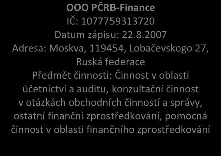 2007 Adresa: Moskva, 119454, Lobačevskogo 27, Ruská federace Předmět činnosti: Činnost v oblasti účetnictví a auditu, konzultační činnost v otázkách