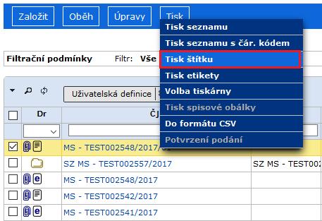 Práce s aplikací IDT spouštěnou z e-spis 2. Tisk štítků Tisk štítků může být prováděn nad objekty ve složce/z detailu, v rámci podání nebo pro tisk štítku vypravení. 2.1 Tisk štítku objektu Postup: Ve složce Na stole označte objekt a v menu zvolte příkaz <Tisk / Tisk štítku>.