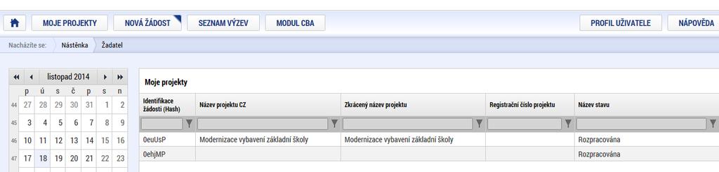 Dalšími tlačítky v horním menu je tlačítko Seznam výzev a tlačítko Modul CBA (v rámci modulu CBA je možné přímo v aplikaci ISKP14+ vypracovat pro příslušnou žádost o podporu/projekt analýzu nákladů a