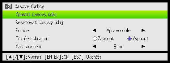 Používání časových údajů prezentace (TIMER) Časové údaje prezentace znázorňují odpočítávání od přednastavené časové hodnoty.