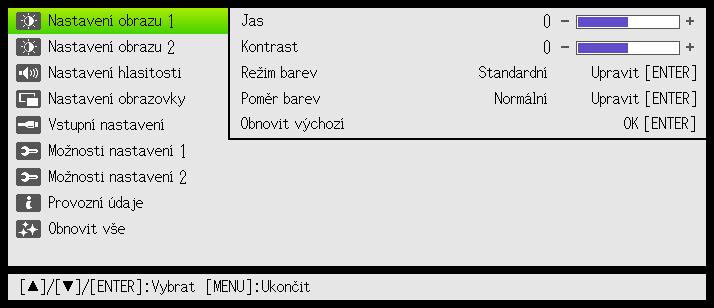 Používání nabídky nastavení (MENU) Stiskem tlačítka [MENU] se dole na projekční ploše zobrazí nabídka nastavení.