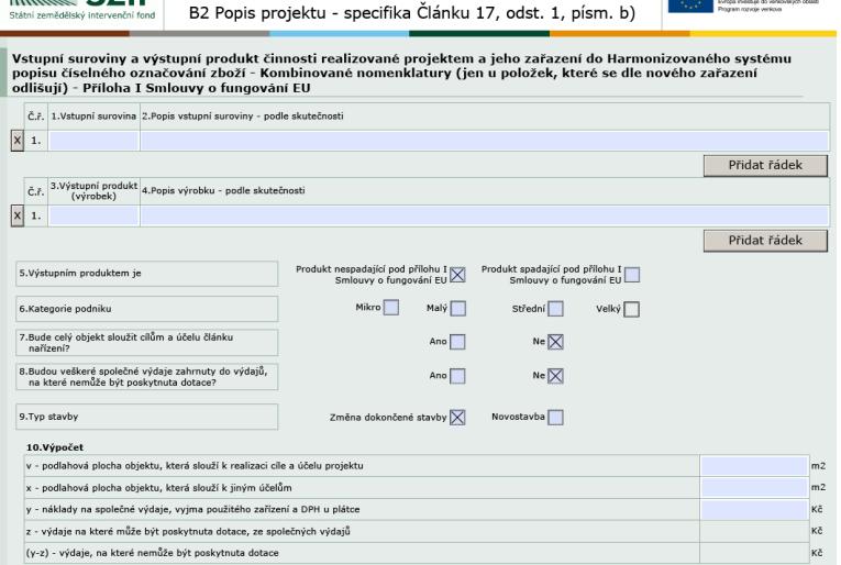 Formulář Žádosti o dotaci v Portálu Farmáře Specifické strany čl. 17