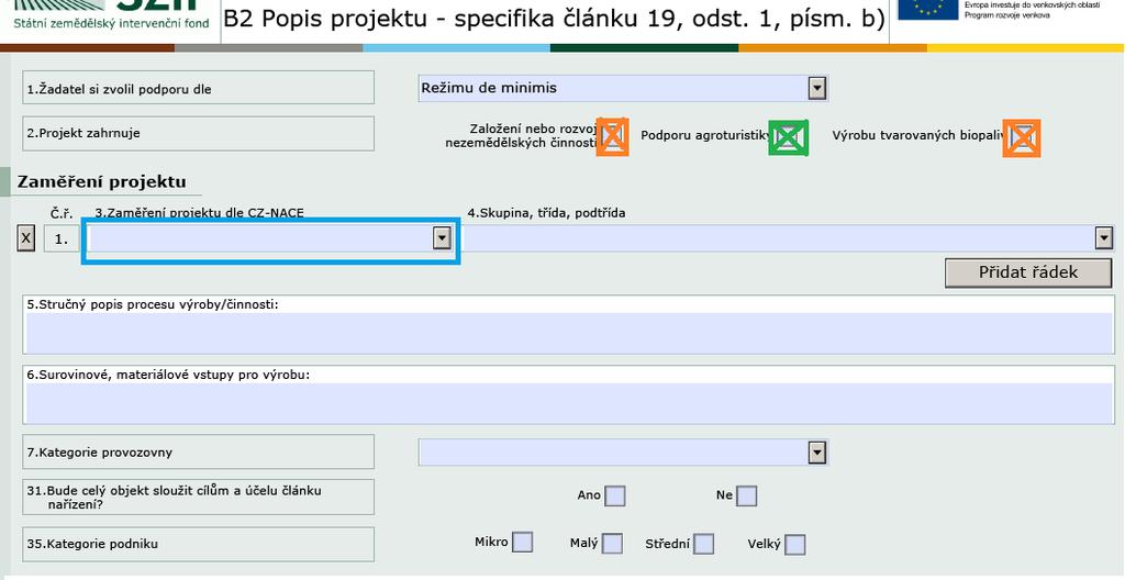 Formulář Žádosti o dotaci v Portálu Farmáře Specifické