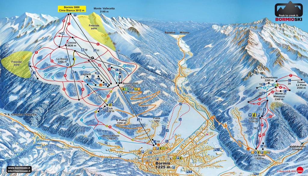 10km vzdálené středisko Bormio - San Colombano je dostupné i skibusem 50m od hotelu O středisku Bormio /San Colombano spolu se Santa Caterinou pořadatel Mistrovství světa v alpských disciplínách v