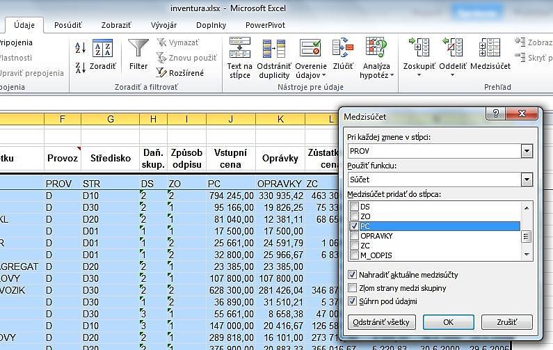 Seznamy a souhrny Pokud obsahuje seznam opakující se kategorie, lze podle nich vytvořit souhrny: seřadit seznam podle příslušné kategorie Data Souhrn (Údaje Medzisúčet) dále se pracuje s novými