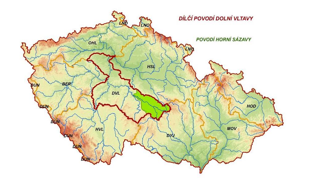 2. Všeobecný popis zájmového povodí 2..1. Vymezení zájmového povodí Povodí horní Sázavy po soutok se Želivkou (zkráceně povodí horní Sázavy ) zaujímá plochu 1508,05 km 2.