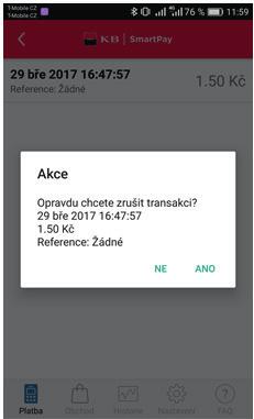 Na smartphonu/tabletu se zobrazí seznam transakcí, které byly uskutečněny s platební kartou v daný den. Pozor!