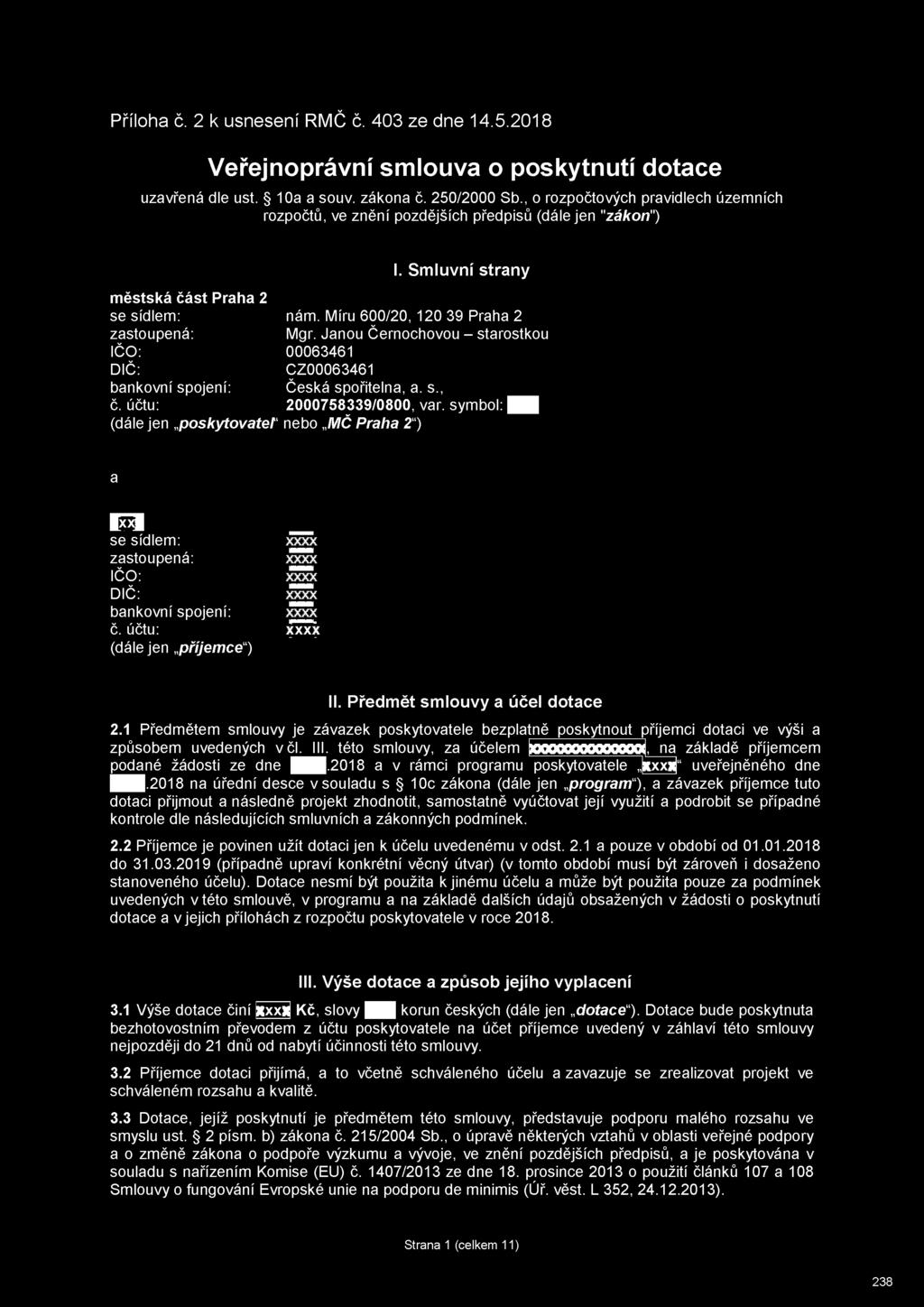 Míru 600/20, 120 39 Praha 2 Mgr. Janou Černochovou - starostkou 00063461 CZ00063461 Česká spořitelna, a. s., 2000758339/0800, var.