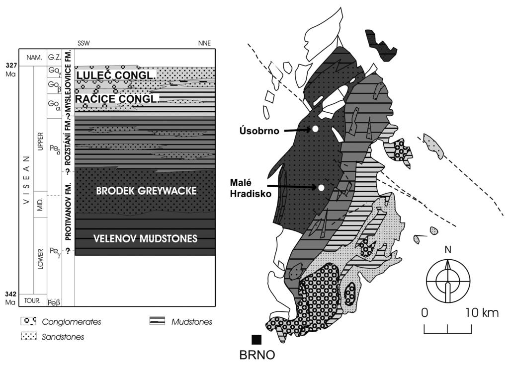 Obr. 1: Schematická geologická mapa a stratigrafické schéma sedimentů Drahanské vrchoviny (modifikováno podle Hartley a Otava 2001).