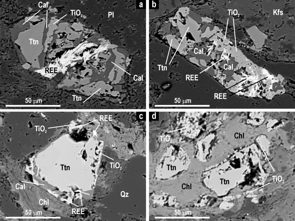 Obr. 2: Detritické titanity z drob Drahanské vrchoviny v BSE obraze; a relikty detritického titanitu, z velké části zatlačeného kalcitem, a REE karbonáty; b silně alterované zrno titanitu vykazující