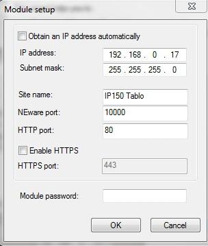 4. Klikněte na položku Module setup obr.9, změňte adresu podle IP150, viz obr. 10. Zadejte heslo modulu IP150 (továrně: paradox) a klikněte na OK.