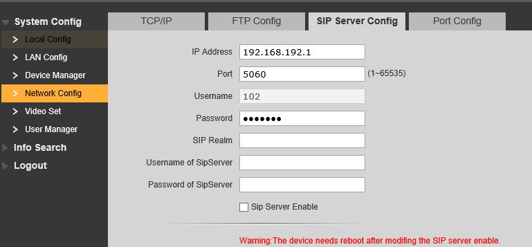 6.1 Režim SIP klient Ve webové správě System Config -> Network Config -> SIP Server Config zde odškrtněte položku SIP Server Enable (pokud je již správně nastaveno, tento krok