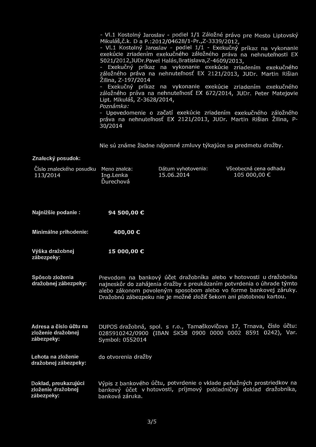 Pavel Halás,Bratislava,Z-4609/2013, záložného práva na nehnutefnosť EX 2121/2013, JUDr. Martin Rišian Žilina, Z-197/2014 záložného práva na nehnutefnosť EX 672/2014, JUDr. Peter Matejovie Lipt.