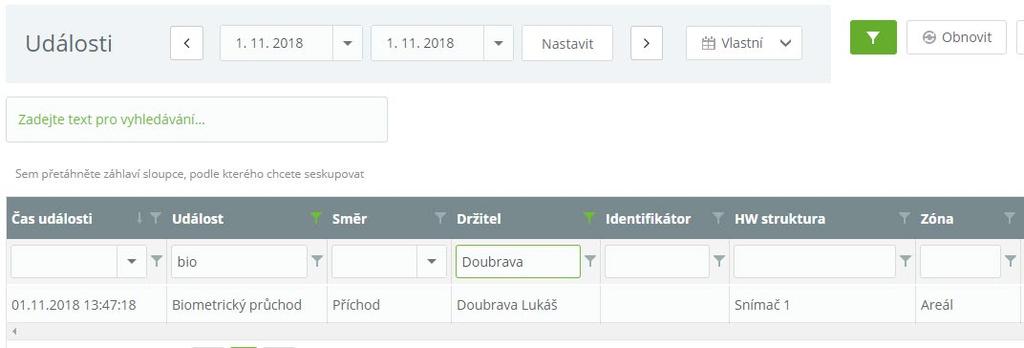 Tímto dojde k zobrazení pouze záznamů, které danému požadavku vyhovují. Popis sloupců Obr. 27: Filtrování záznamů Čas události datum a čas, kdy událost nastala. Událost druh přijatých dat.