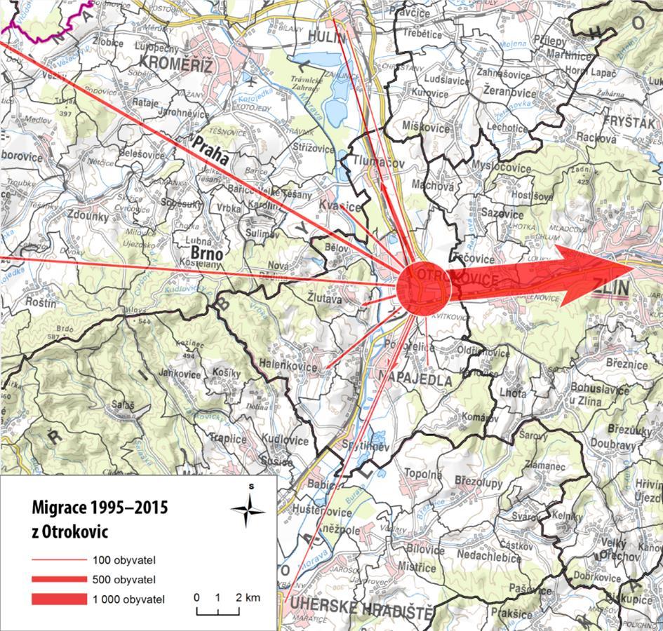 Na následující mapě jsou zobrazeny migrační směry z SO ORP Otrokovice. Obrázek 2.