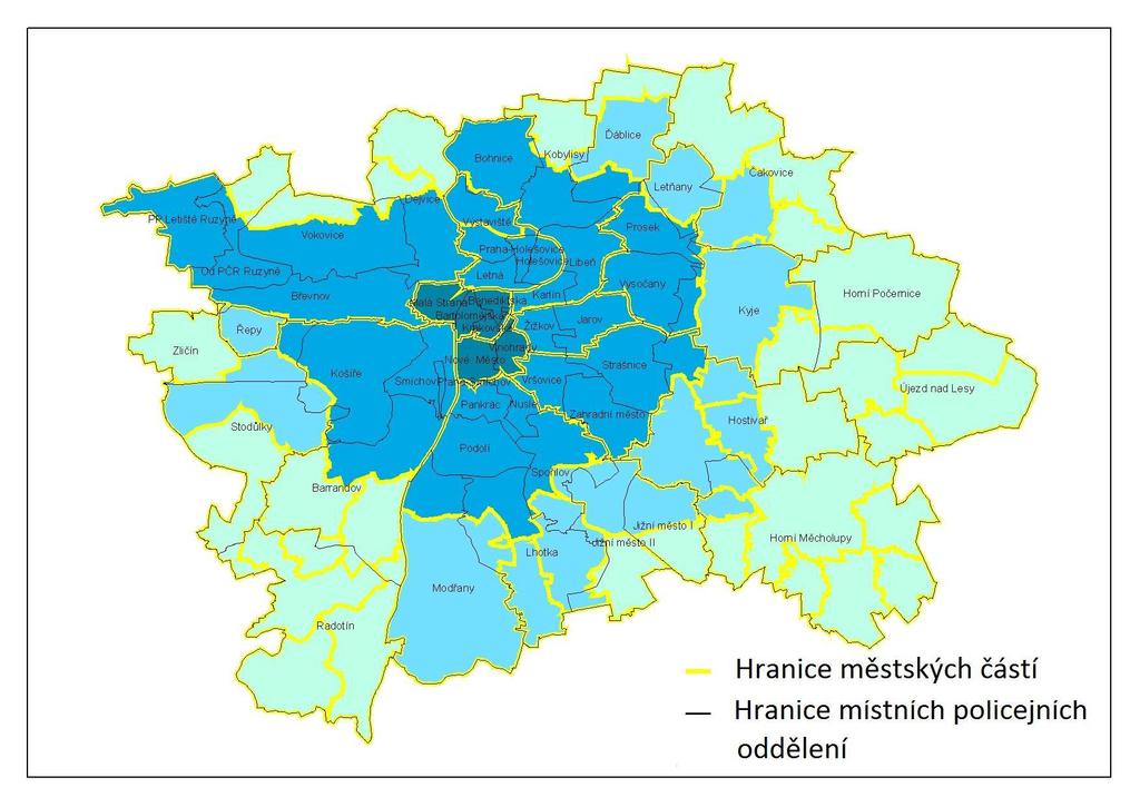 Praha je pro Policii ČR rozdělena na 4 kvadranty, které se dále dělí na již zmiňovaná místní oddělení policie (MOP).